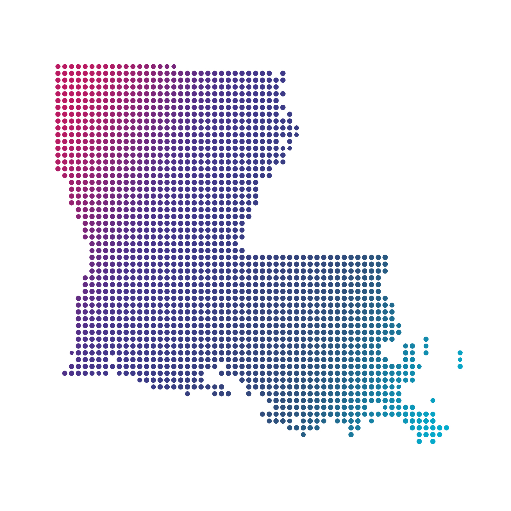 Louisiana map of blue dots on white background