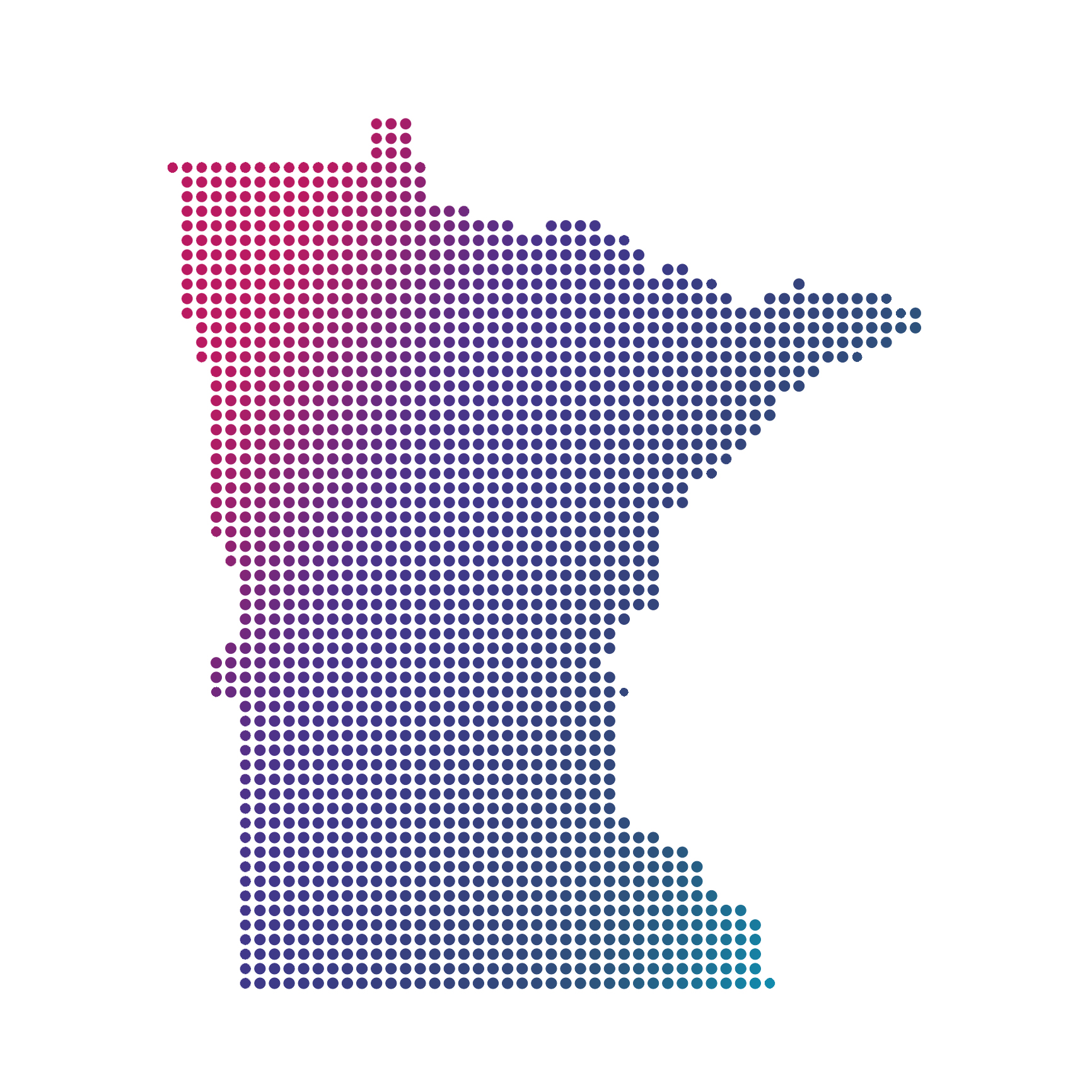 Minnesota map of colored dots on white background