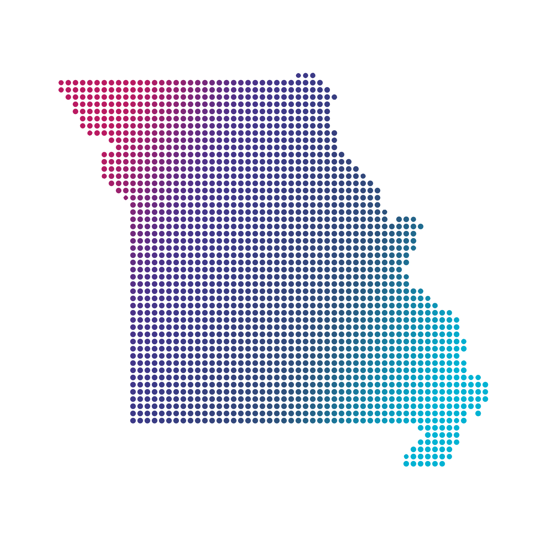 Missouri map of blue dots on white background