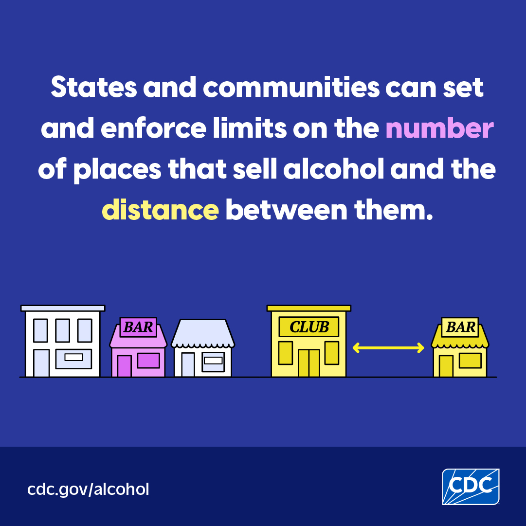 Outlet density concept M4C (No infographic header) Infographic showing limited distance between two places that sell alcohol and limiting the number of places that sell alcohol in an area.