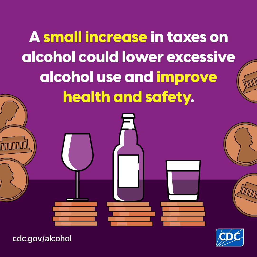 Taxes on alcohol explanation M4C Infographic showing a few pennies under beer bottle, wine glass, and shot glass. A small increase in taxes on alcohol could lower excessive alcohol use and improve health and safety.
