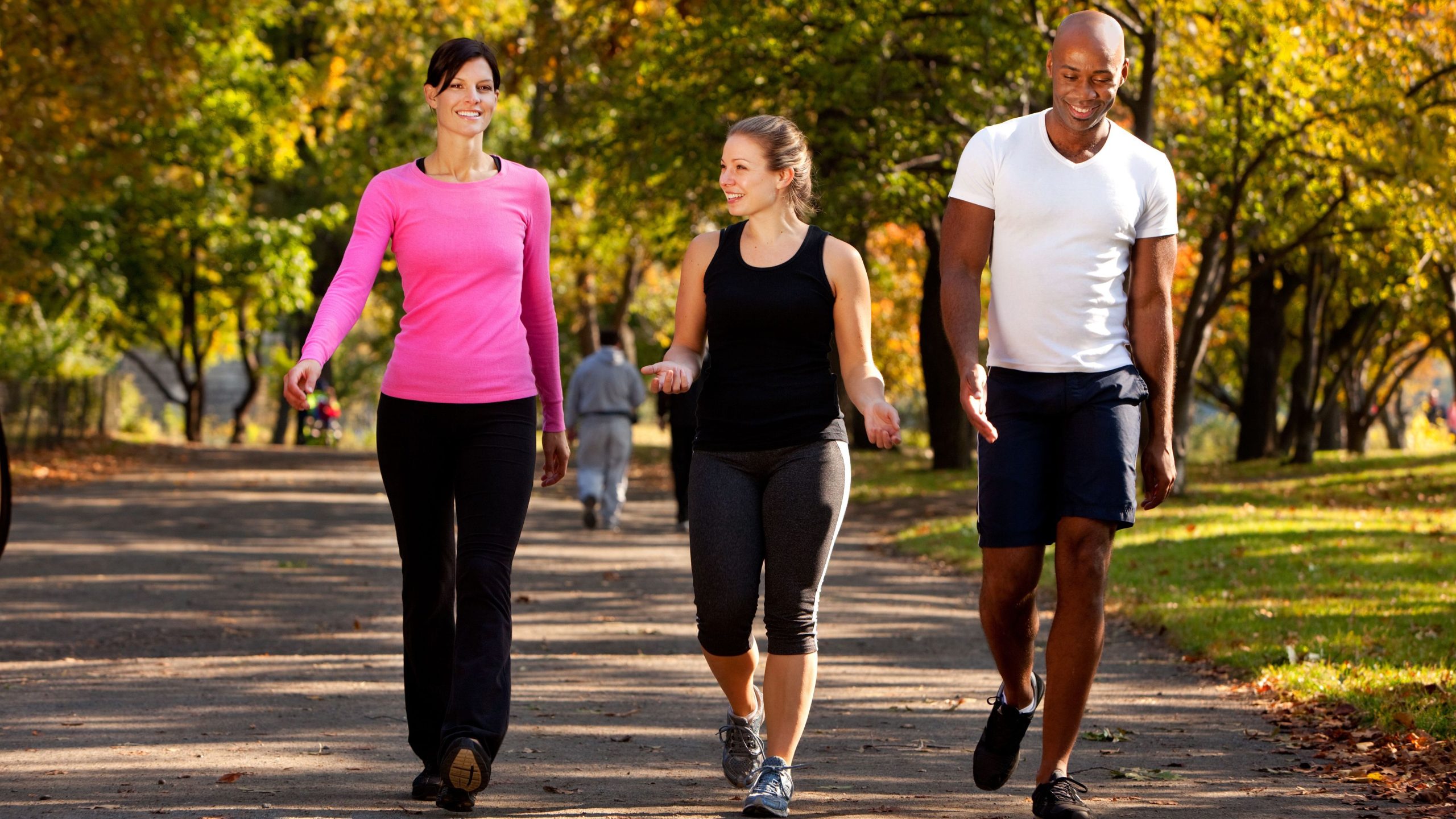 Two physically fit women walking on a trail with a physically fit man.