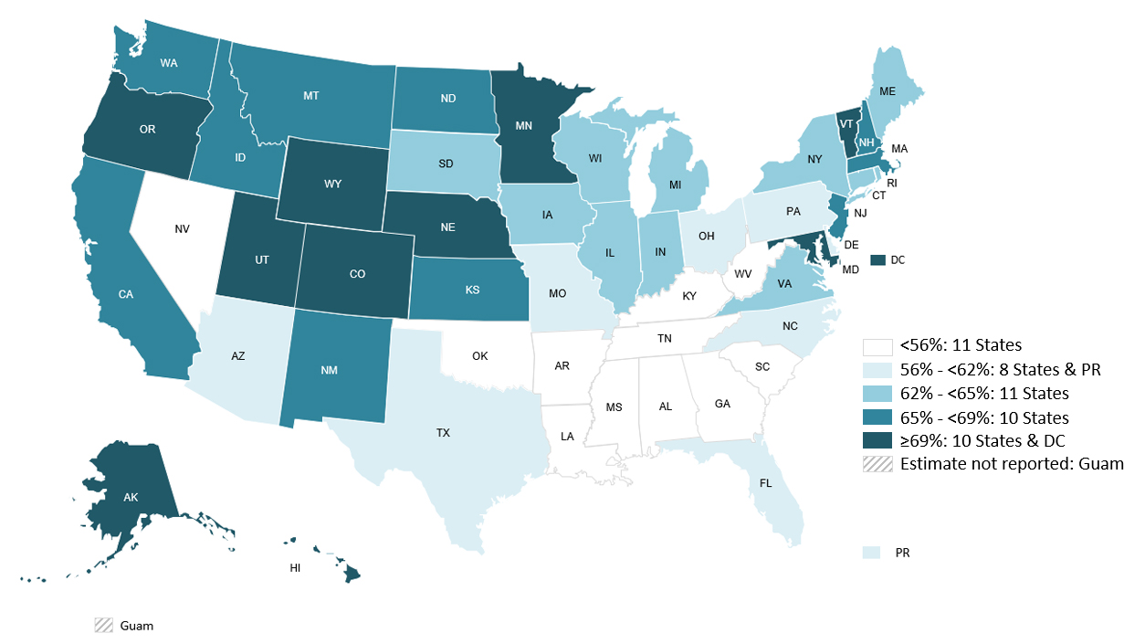 A map of the U.S. with states in various shades of blues and white to indicate percentage of infants breastfed at 6 months.