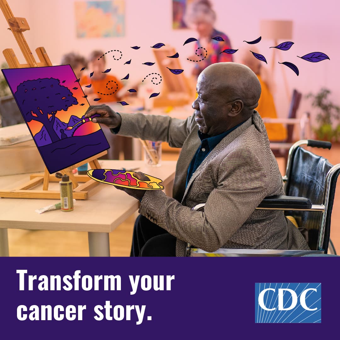 An older man paints at an easel. The text below reads Transform your cancer story.