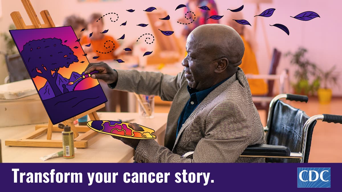 An older man paints at an easel. The text below reads Transform your cancer story.