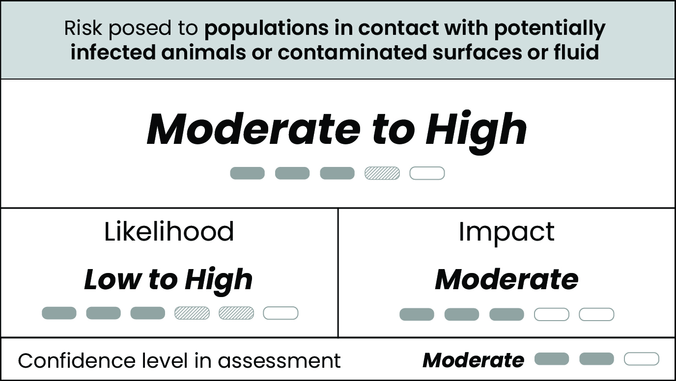 Table displaying low to high likelihood, moderate impact, moderate to high risk, and moderate confidence for risk posed to the general U.S. population by H5N1 viruses