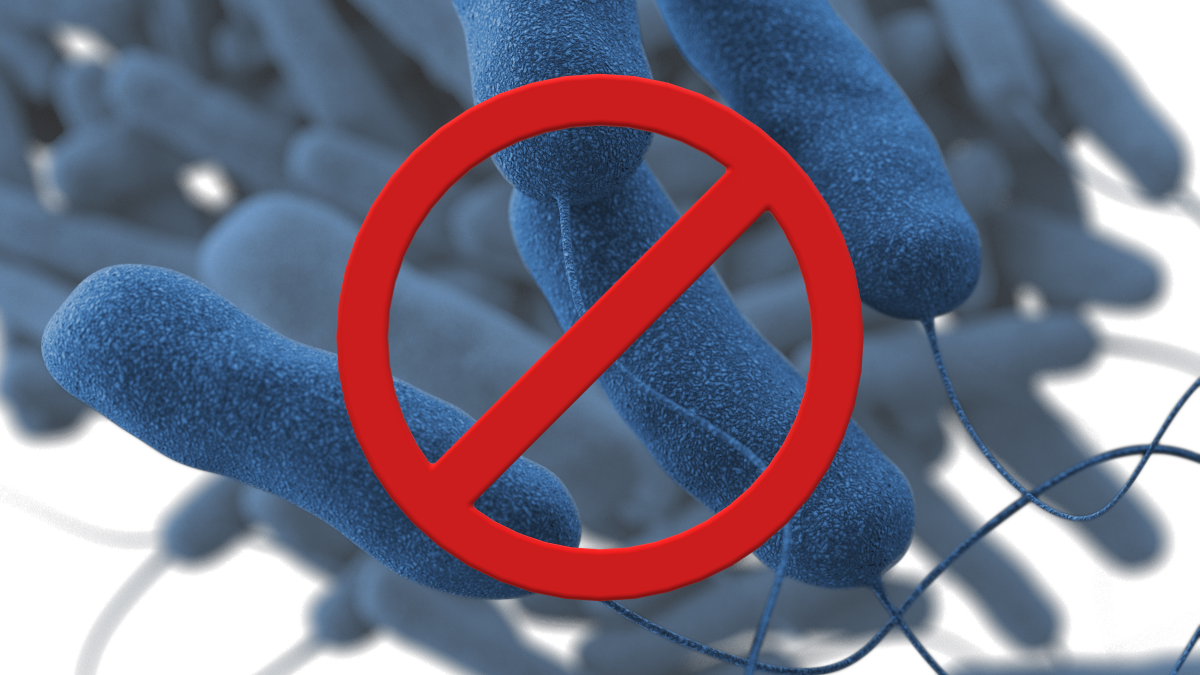 A computer-generated image of Legionella with a no symbol.