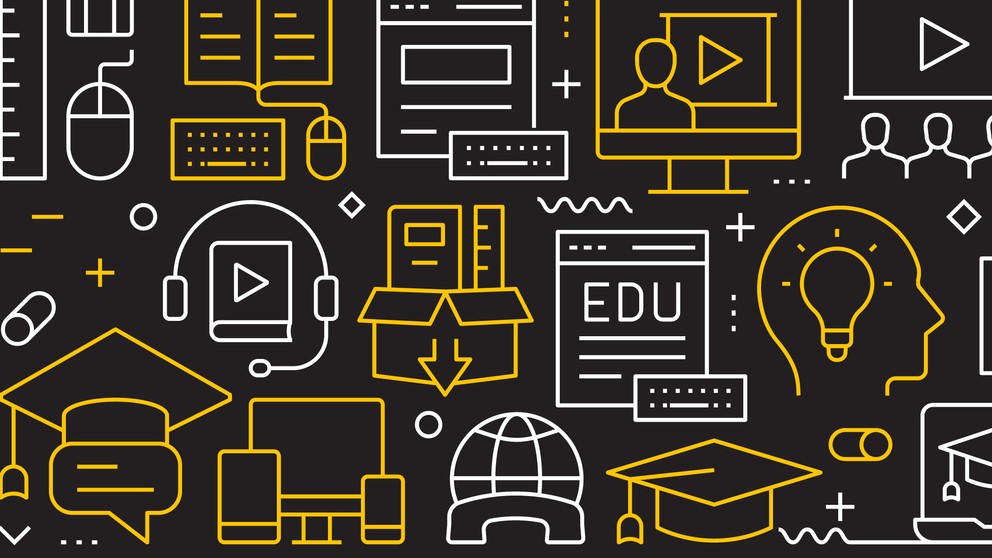 — title missing — Illustration of education-related items, such as headphones, documents, and lightbulbs going on in a person’s head