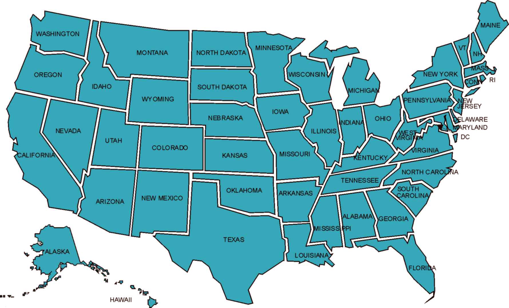 U.S. State Map image United States map with state borders and the name of each state.