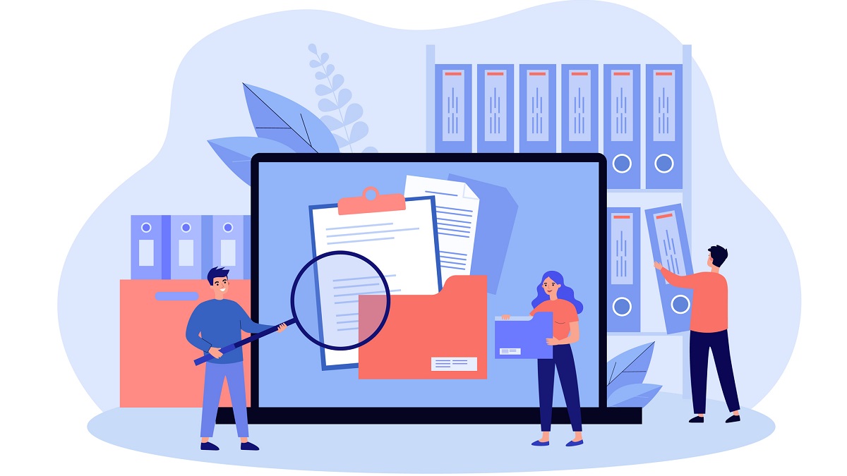 Glossary resources concept illustration Illustration of three people with oversized office accessories, including a magnifying glass and folders.