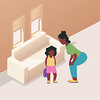 Illustration of a mother bending over to talk to her daughter