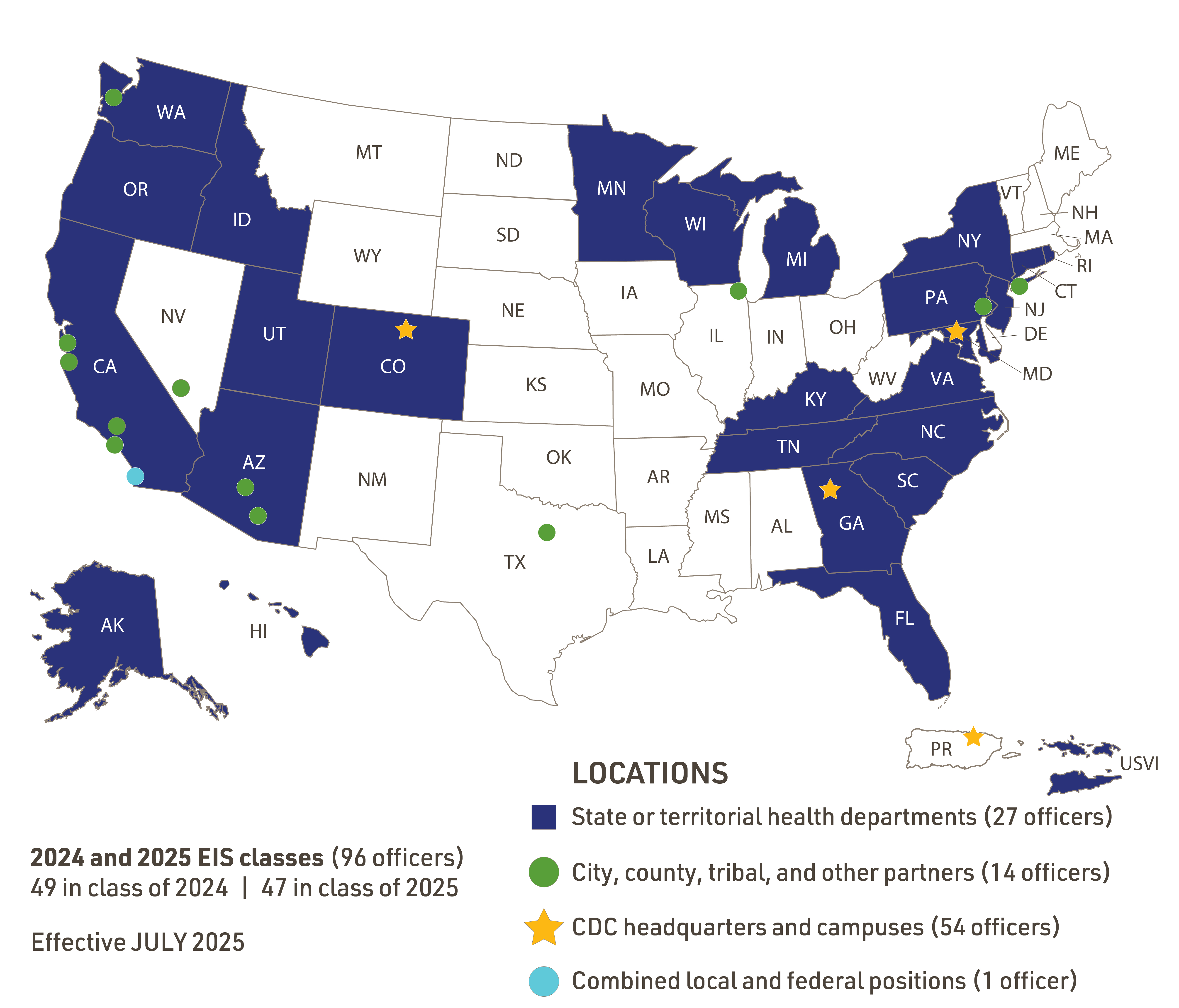 US map of EIS Officers Across the country by state.