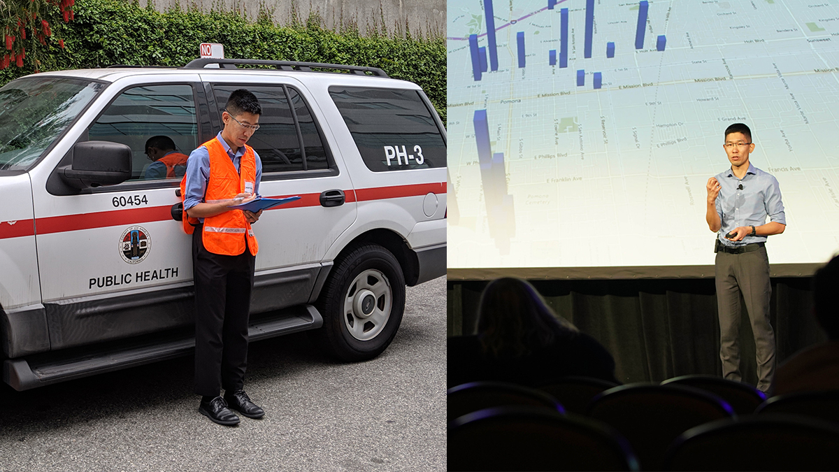 EIS officer works in the field and presents on stage at EIS conference.