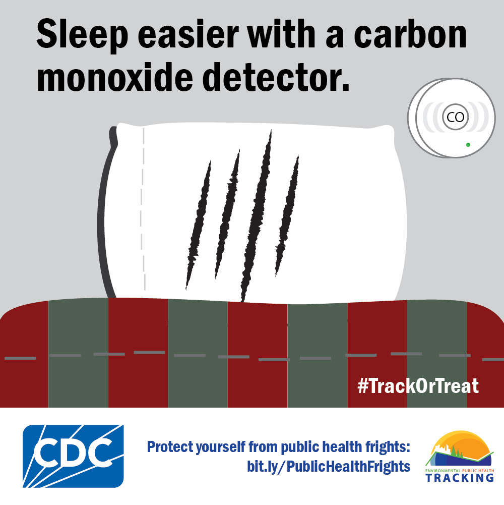 Track or Treat - Carbon Monoxide Pillow with slashes and text: "Sleep easier with a carbon monoxide detector."