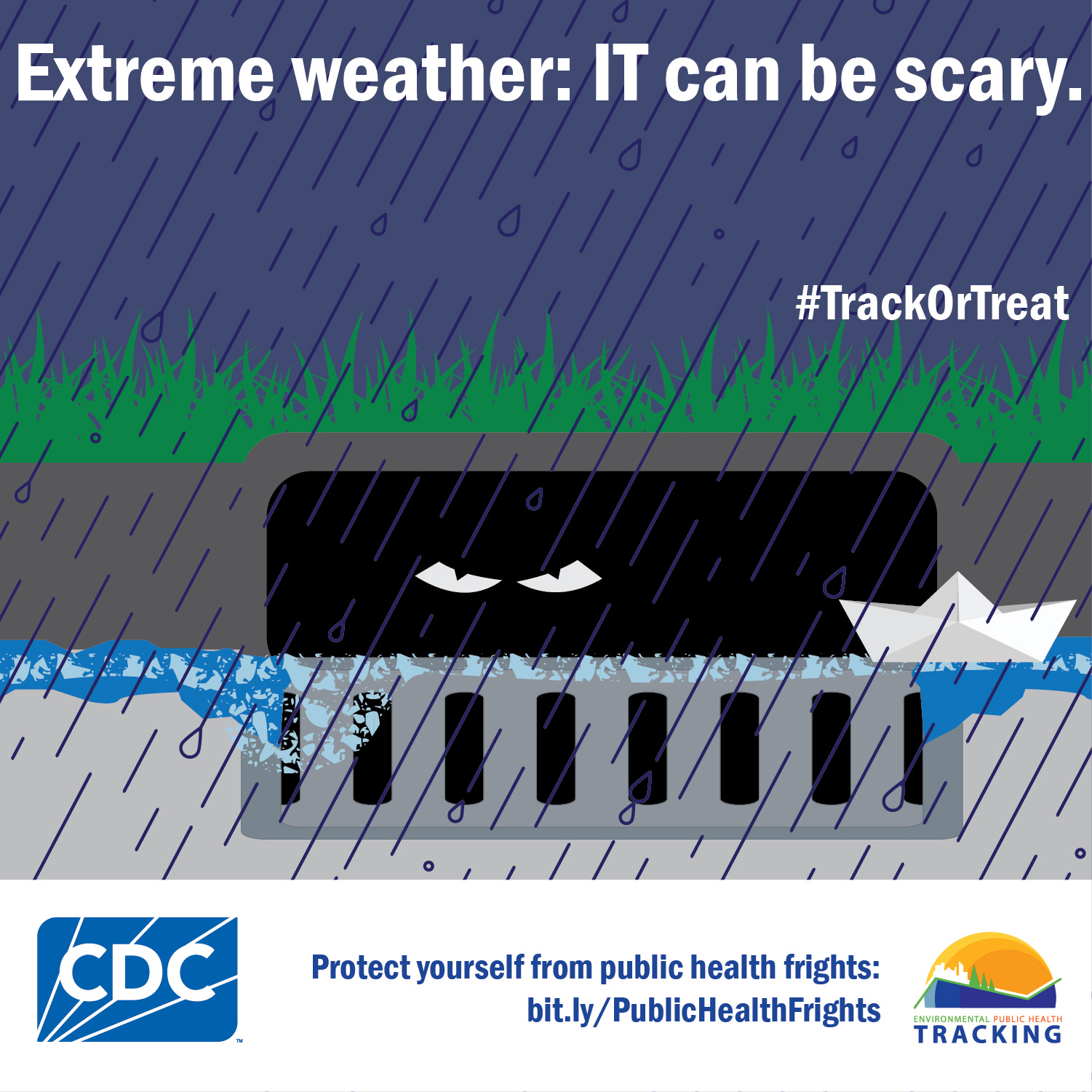 Track or Treat - Extreme Weather Graphic of eyes peering from flooding storm drain with text: "Extreme weather: IT can be scary." #TrackOrTreat