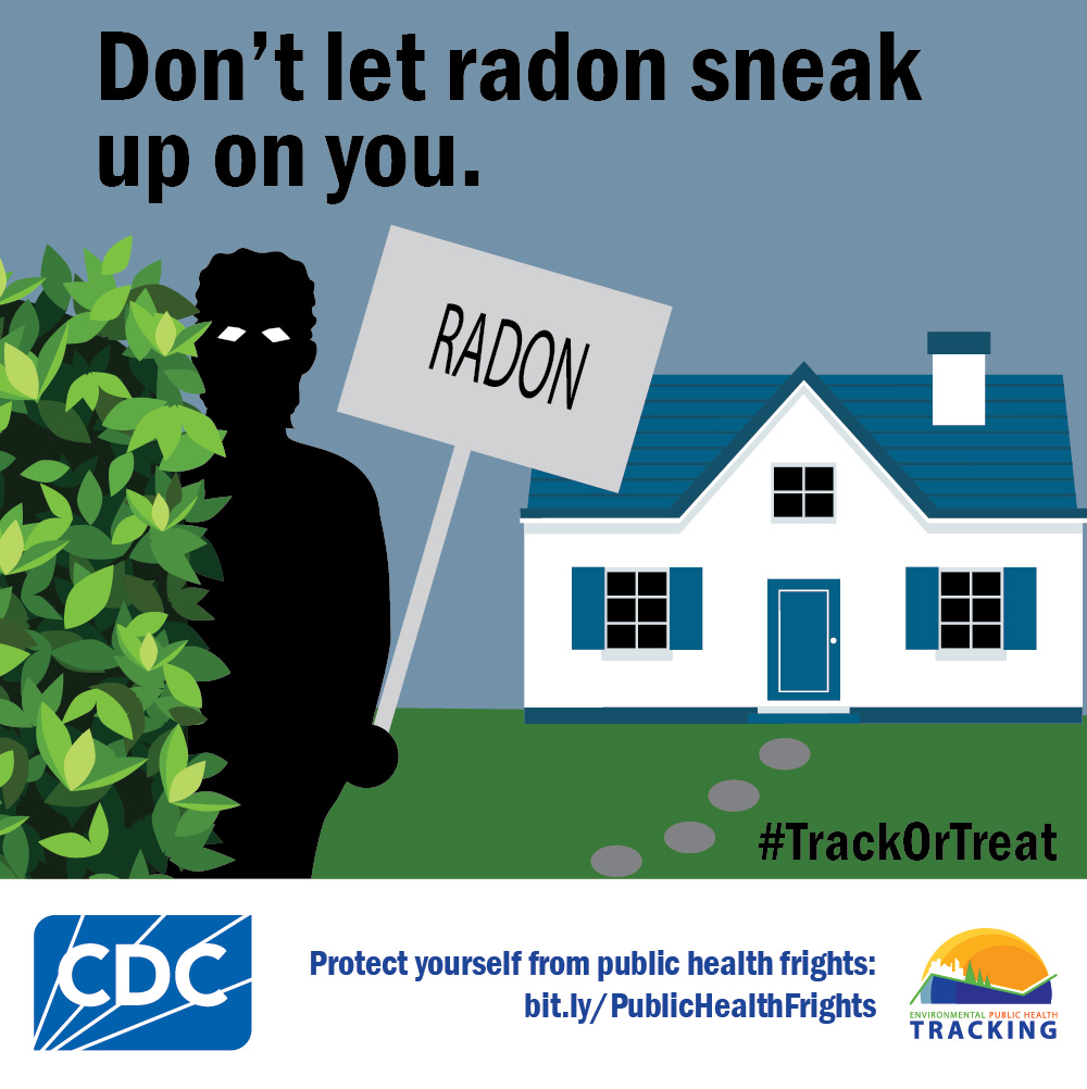 Track or Treat - Radon Shadowy figure behind bush in front of house holding "radon" sign with image text: "Don't let radon sneak up on you."