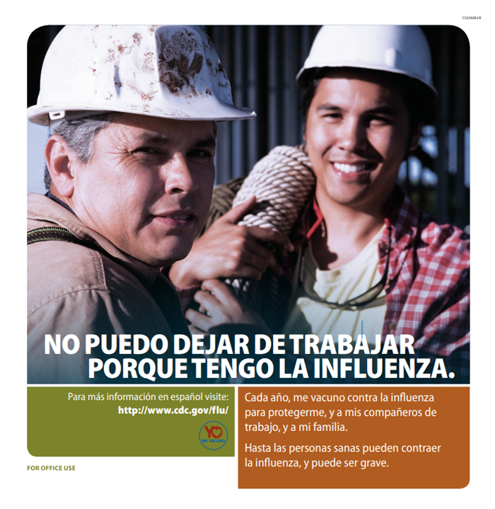 I Cannot Stop Working (Spanish) This is a Spanish language flyer that can be put up to motivate your employees to get their flu vaccine and protect their family.