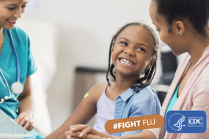 child with health care professional and parent smiling with text: #figtflu and cdc logo