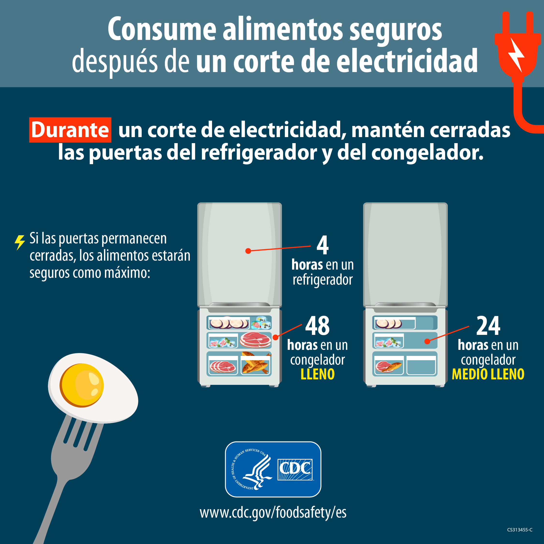 Eat Safe Food After a Power Outage - Spanish Instagram Imagen de refrigerador y congelador con texto cerca del refrigerador que dice "4 horas" y texto cerca del congelador que dice "48 horas en un congelador lleno y 24 horas en un congelador medio lleno.