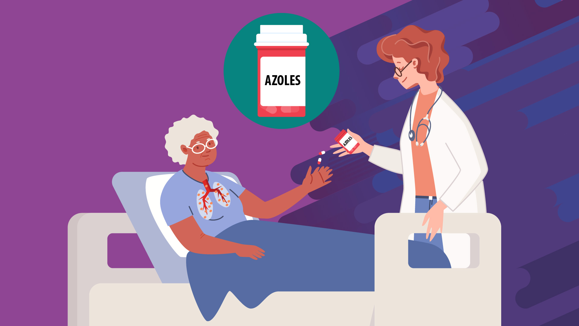 Azole medication older woman in a hospital bed with an infected lung and a nurse handing her azole pills