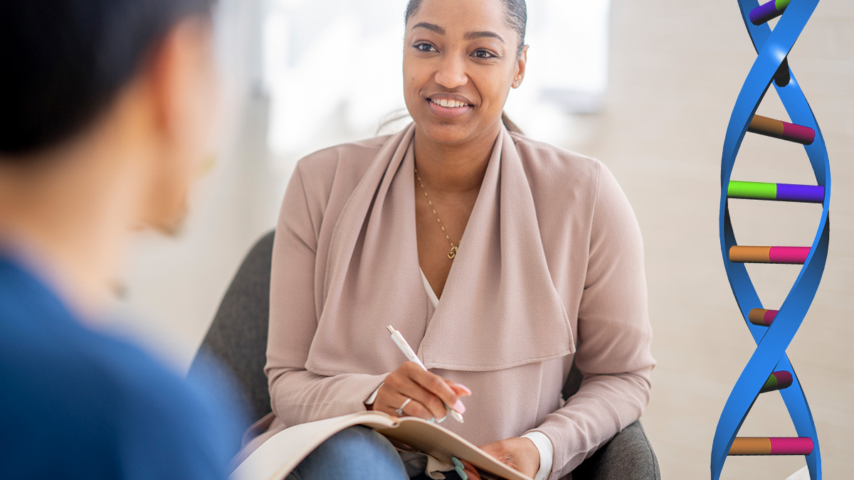 Genetic Counseling A genetic counselor talking to a patient with a double helix in the background