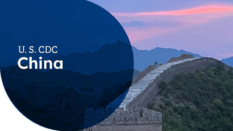 U.S. CDC China graphic with the Great Wall at sunset in the background.