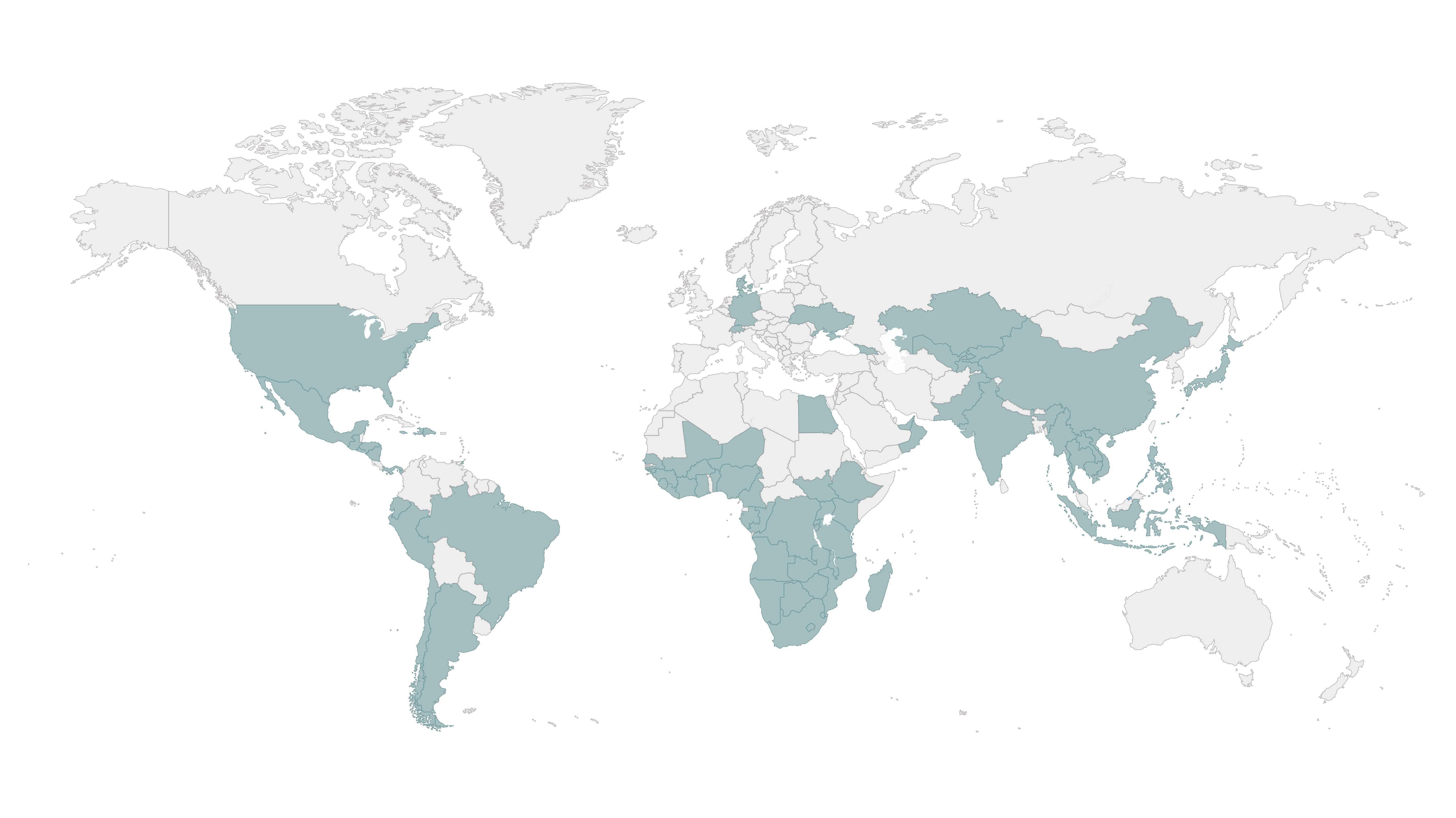 WorkforceInstitutions_2024 Annual Report An image depicting a world map with several areas shaded in green, representing the countries and regions that CDC has a presence or placement in