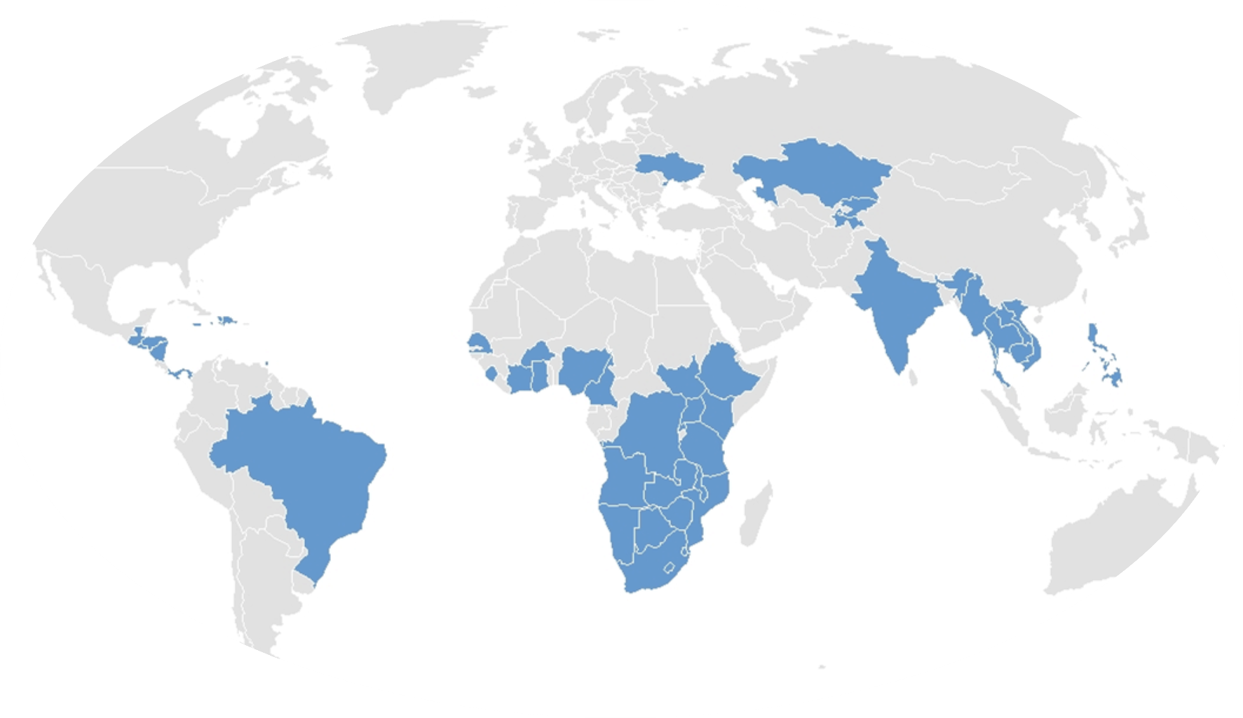 CDC’s Division of Global HIV & TB maintains a presence in: Angola, Botswana, Brazil, Burma, Cambodia, Cameroon, Côte d'Ivoire, El Salvador, Ethiopia, Eswatini, Democratic Republic of the Congo, Dominican Republic, Ghana, Guatemala, Haiti, Honduras, India, Jamaica, Kazakhstan, Kenya, Kyrgyzstan, Laos, Lesotho, Malawi, Mozambique, Namibia, Nigeria, Nicaragua, Panama, Peru, Philippines, Rwanda, Senegal, Sierra Leone, South Africa, South Sudan, Tajikistan, Tanzania, Thailand, Trinidad and Tobago, Uganda, Vietnam, Zambia, and Zimbabwe.