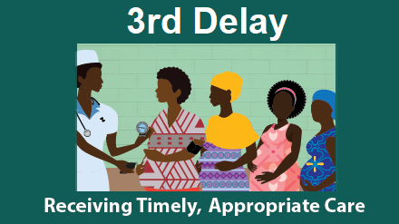— title missing — Third delay: Receiving timely, appropriate care. A health provider interacts with the first person in a line of pregnant women who are waiting for care.