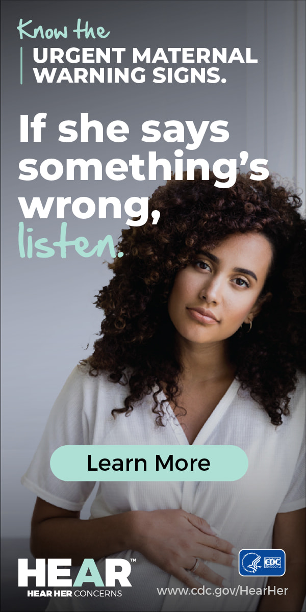 English-300x600-aqua Image of women with text overlay of if she says something is wrong, listen.