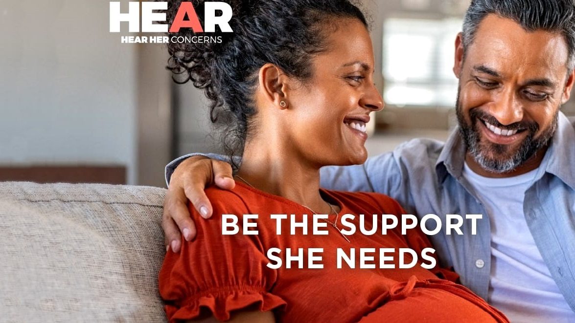 Be the support she needs. Man and woman with overlaying text: "Be the support she needs".