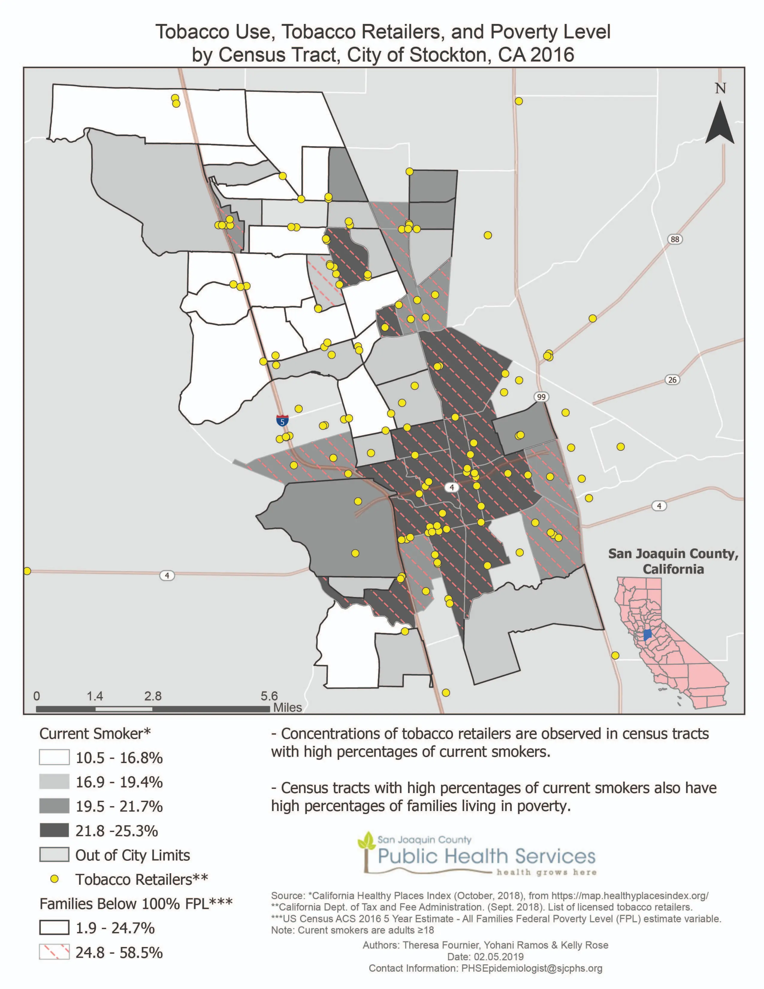 CA_Tobacco This map displays the percentage of current smokers by census tract in the City of Stockton, California. It was overlaid with 2016 5-yr estimate poverty data. Tobacco retailer locations were also indicated to show spatial correlations between census tracts with higher percentages of current smokers and retailers that sell tobacco products.