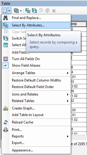 The Table Options window with Select by Attributes option highlighted.