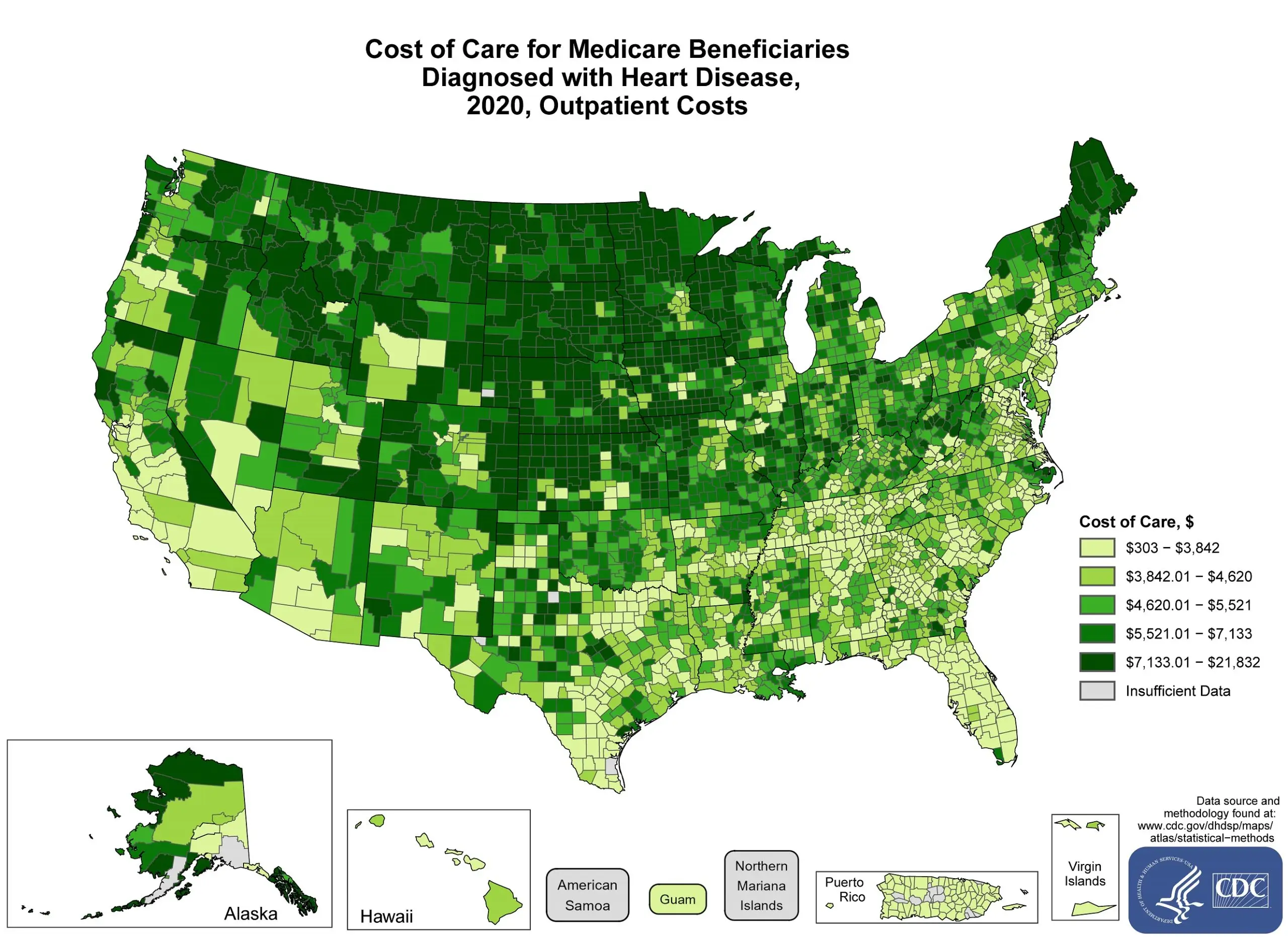 costs-outpatient The average costs incurred by Outpatient Medicare Beneficiary diagnosed with heart disease in 2021 by County. The map shows that the concentrations of counties with the highest average cost of care – meaning the top quintile – are located primarily in Maine, New Hampshire, Vermont, Michigan, Wisconsin, Minnesota, Illinois, Missouri, Iowa, Kansas, Nebraska, South Dakota, North Dakota, Montana, Wyoming, Colorado, Utah, Idaho, Washington, Oregon, California, Texas and Alaska. Pockets of high-rate counties also were found in New York, Pennsylvania, West Virginia, Ohio, Indiana, and Oklahoma.