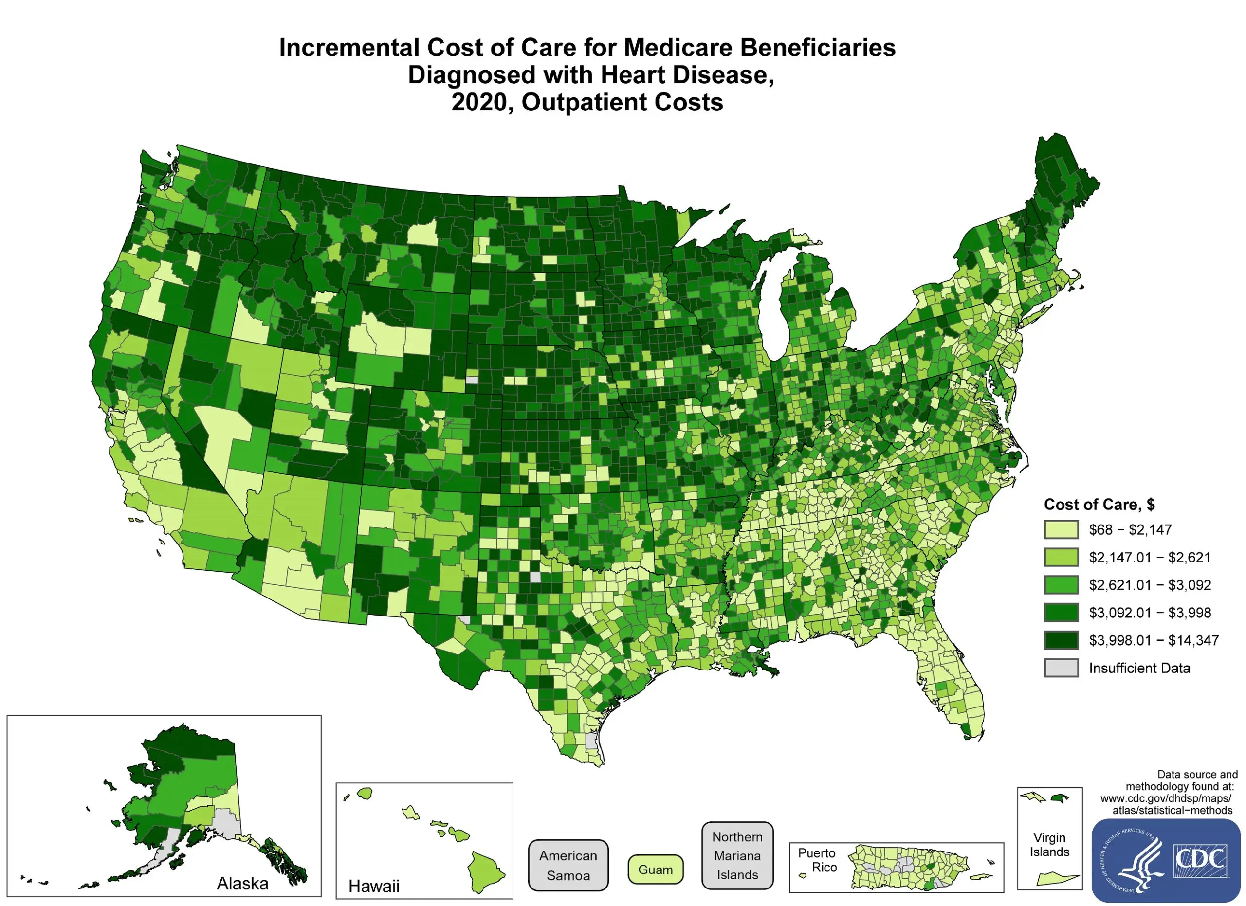 incremental-costs-outpatient The average costs incurred by Outpatient Medicare Beneficiaries with heart disease above and beyond the costs incurred among beneficiaries without heart disease in 2021 by County. The map shows that the concentrations of counties with the highest average Incremental cost of care – meaning the top quintile – are located primarily in Maine, New Hampshire, Vermont, West Virginia, Illinois, Missouri, Iowa, Wisconsin, Minnesota, North Dakota, South Dakota, Nebraska, Kansas, Colorado, Wyoming, Montana, Idaho, Washington, Oregon, Nevada, California, Utah, New Mexico, Texas, and Alaska. Pockets of high-rate counties also were found in New York, Pennsylvania, Ohio, Indiana, Michigan, Georgia, and Arkansas.