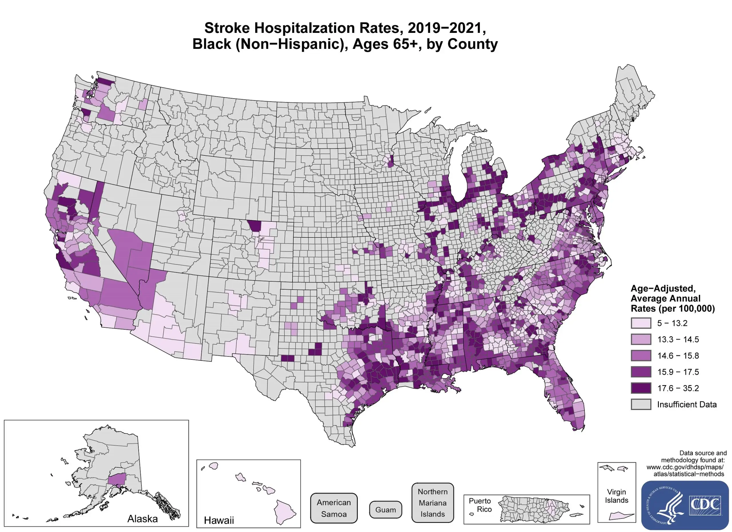 stroke_hospitalization_blacks The maps shows stroke hospitalization rates for Black adults for the years 2019-2021 ages 65 and older by county in the US.