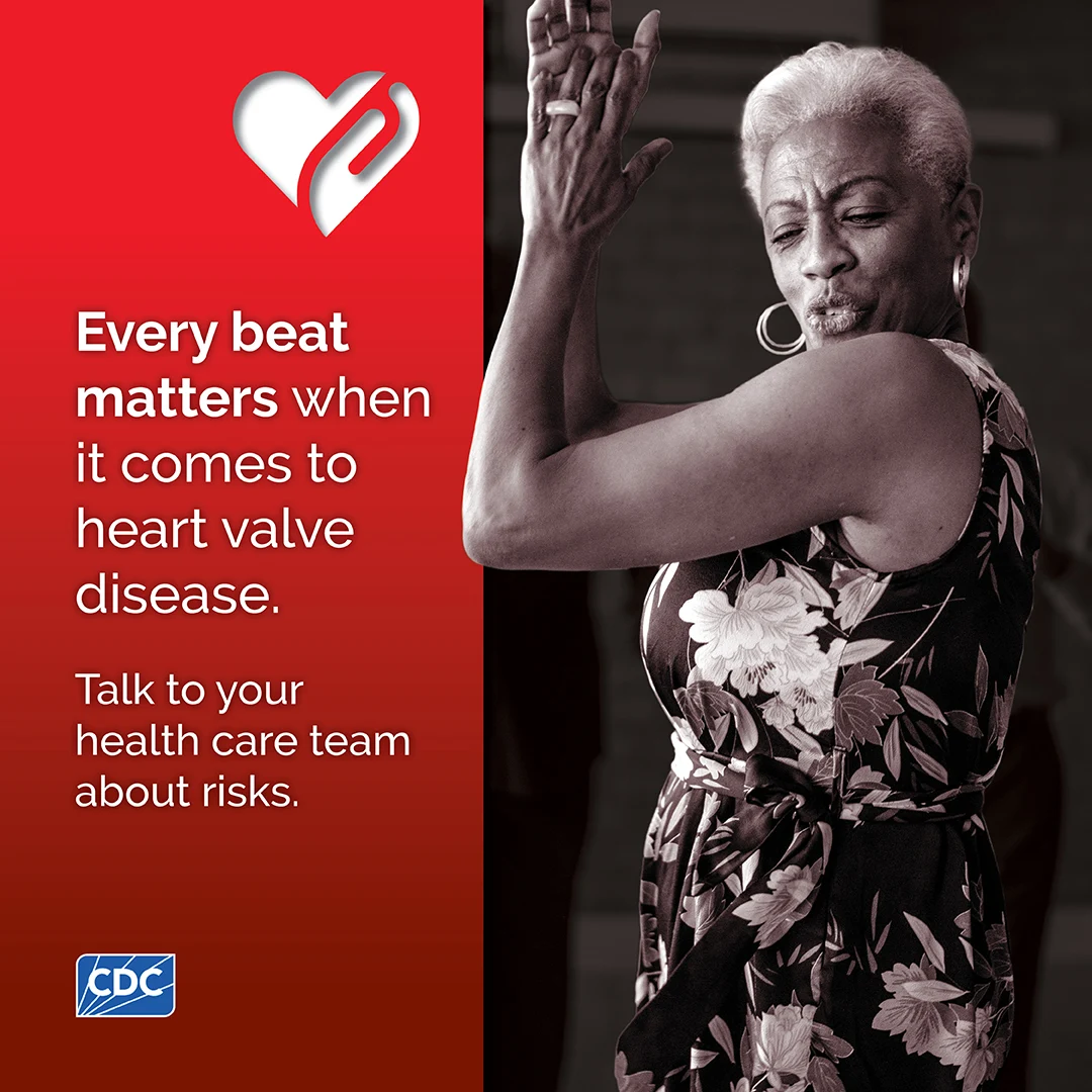 HVD-social-card-everybeat-sq Woman dancing. Every beat matters when it comes to heart valve disease. Talk to your health care team about risks.