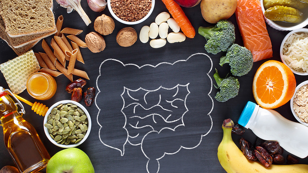 IBD Intestine Sketch Food Healthy food surrounding chalk illustration of bowels.