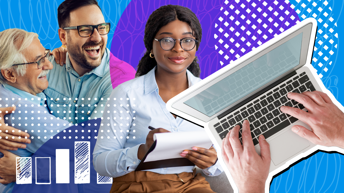health equity Collage of people - father and son hugging, girl taking notes, and a person typing on a laptop