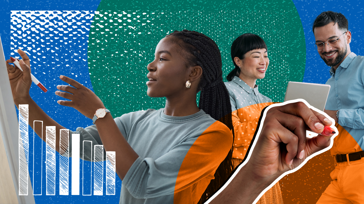 Montage of people working on data and graphs