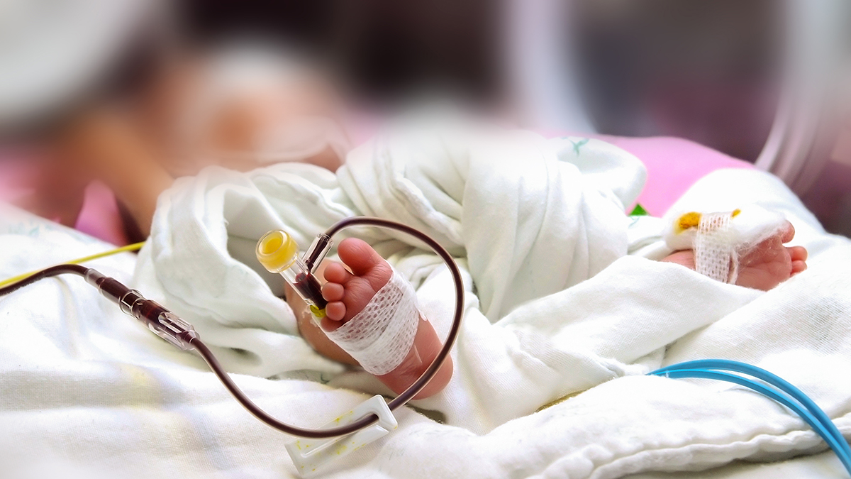 Newborn baby's feet swaddled in blankets and with hospital tubes attached.
