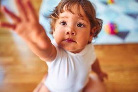 — title missing — Toddler boy sitting on the floor and reaching up to the camera.