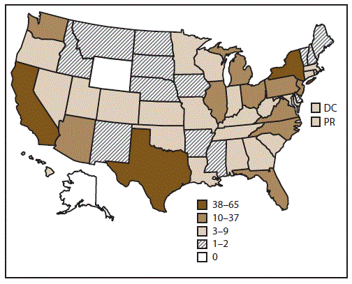 ss6703a1-F1 Map of United States shows the number and location of clinics providing assisted reproductive technology procedures. In 2015, 464 of 499 clinics (93%26#37;) in the United States, the District of Columbia, and Puerto Rico provided data to CDC.