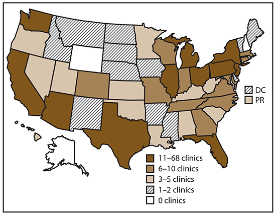 ss6909-F1 This figure is a map of United States showing the number and location of clinics providing assisted reproductive technology procedures. In 2017, 448 of 498 clinics (90.0%26#37;) in the United States, the District of Columbia, and Puerto Rico provided data to CDC.