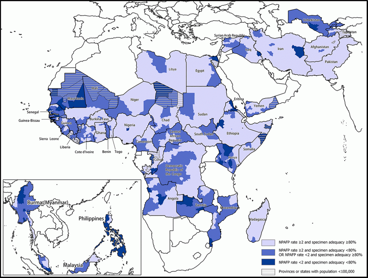 Surveillance to Track Progress Toward Polio Eradication — Worldwide, 2019–2020 The figure is a map illustrating the combined performance indicators for the quality of acute flaccid paralysis surveillance in subnational areas of 42 priority countries in the World Health Organization African, Eastern Mediterranean, South-East Asia, and Western Pacific regions for 2020.