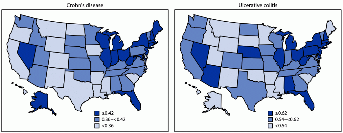 Prevalence of Inflammatory Bowel Disease Among Medicare Fee-For-Service Beneficiaries — United States, 2001−2018 The figure comprises two maps of the United States showing the age-adjusted prevalence of Crohn’s disease and ulcerative colitis among 25.1 million Medicare fee-for-service beneficiaries in the United States for 2018.
