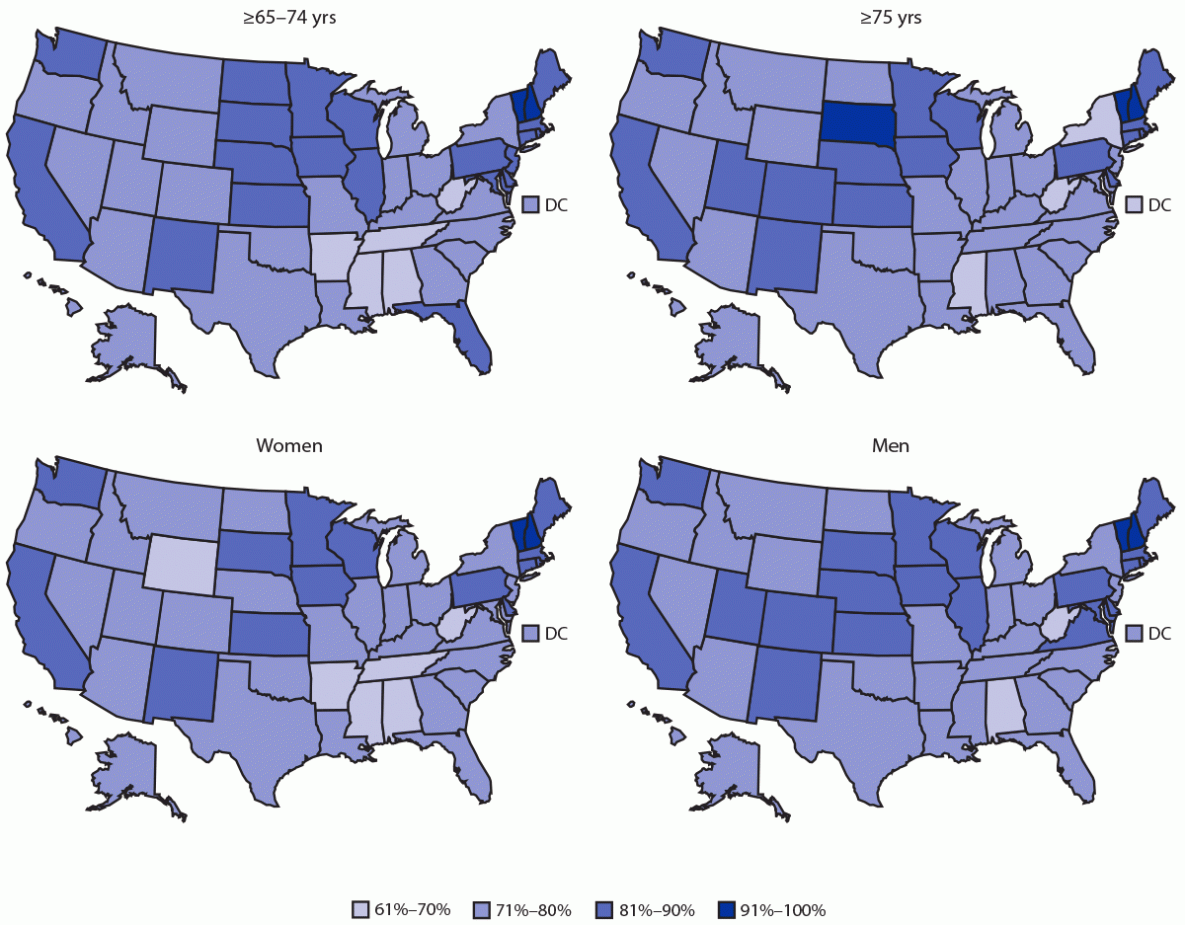Demographic and Social Factors Associated with COVID-19 Vaccination Initiation Among Adults Aged ≥65 Years — United States, December 14, 2020–April 10, 2021 The figure is a series of four maps of the United States showing state COVID-19 vaccination initiation rates of adults aged ≥65 years, by age group and sex, during December 14, 2020–April 10, 2021.