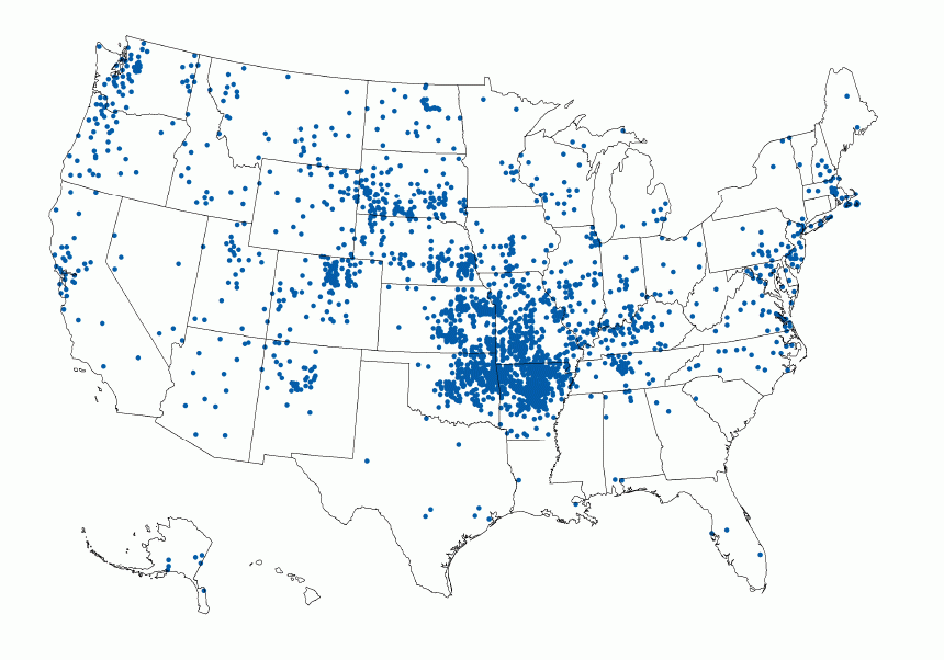 Tularemia — United States, 2011–2022 The figure is a map of the United States indicating reported tularemia cases, by county of residence during 2011–2022.