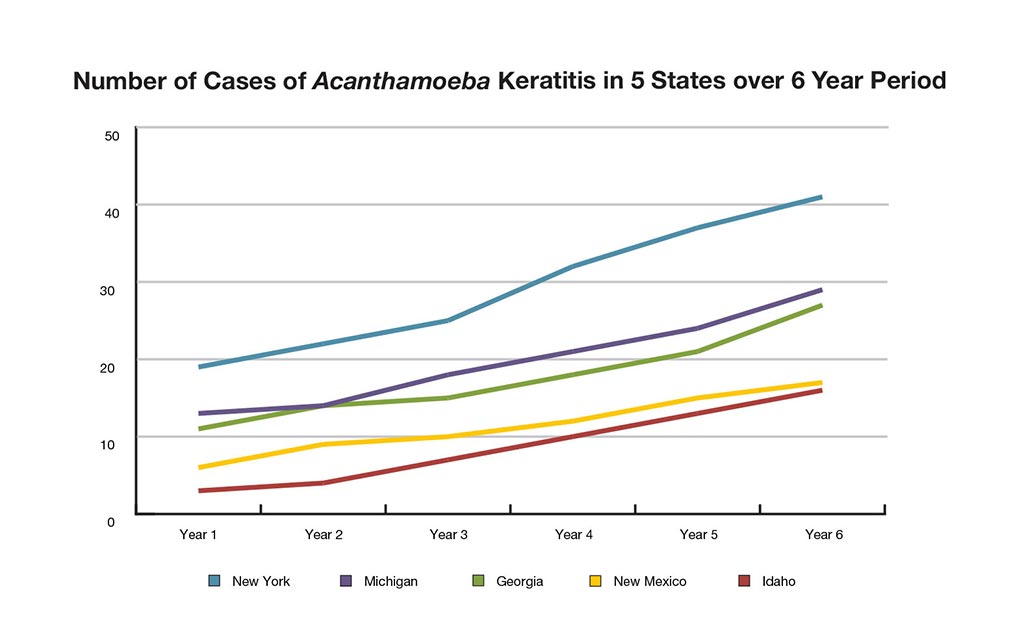 Number of cases acanthamoeba keratitis in 5 states over 6 year period.
Year 1 New York 19 Michigan 13 Georgia 11  New Mexico 6 Idaho 3
Year 2 New York 22 Michigan 14 Georgia 14  New Mexico 9 Idaho 4
Year 3 New York 25 Michigan 18 Georgia 15  New Mexico 10 Idaho 7
Year 4 New York 32 Michigan 21 Georgia 18  New Mexico 12 Idaho 10
Year 5 New York 37 Michigan 24 Georgia 21  New Mexico 15 Idaho 13
Year 6 New York 41 Michigan 29 Georgia 27  New Mexico 17 Idaho 16