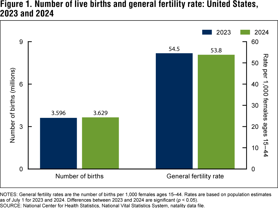 Figure 1 is a bar chart showing the number of births and the general fertility rate in the United States for 2023 and 2024. Figure 1 is a bar chart showing the number of births and the general fertility rate in the United States for 2023 and 2024.